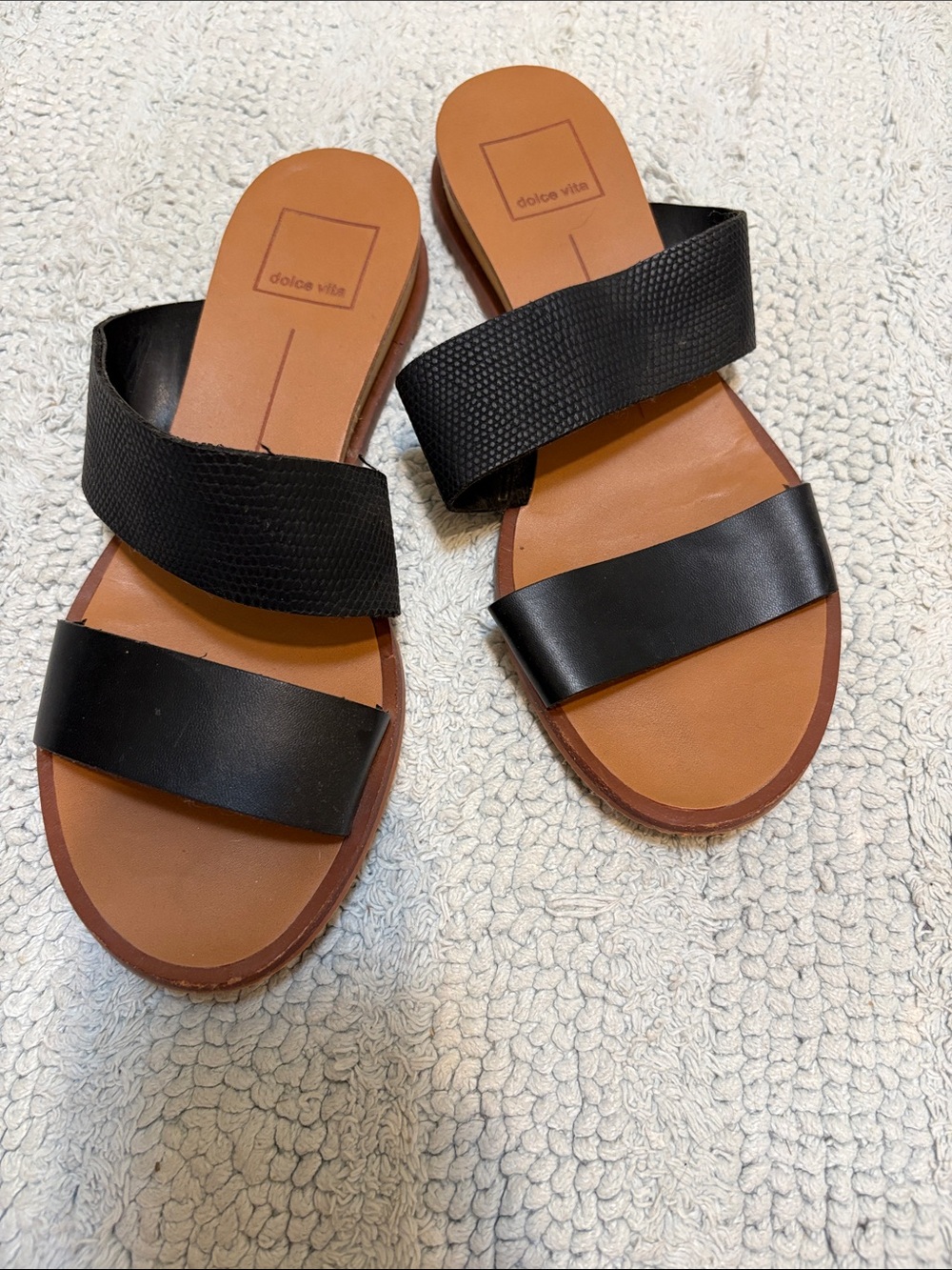 Dolce Vita Black Double-Band Slide Sandals with Tan Footbed